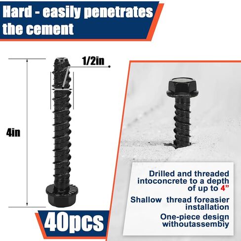 40 Pack 1/2" x 4" Concrete Anchors and Screws Kits Galvanized Ceramic Black Ruspert Coating Large Diameter Concrete Bolts Masonry Screw for Brick Block Wall Corrosion Resistant in Kuwait