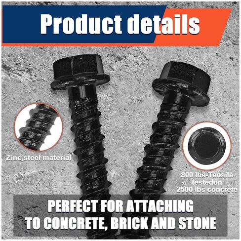 40 Pack 1/2" x 4" Concrete Anchors and Screws Kits Galvanized Ceramic Black Ruspert Coating Large Diameter Concrete Bolts Masonry Screw for Brick Block Wall Corrosion Resistant in Kuwait
