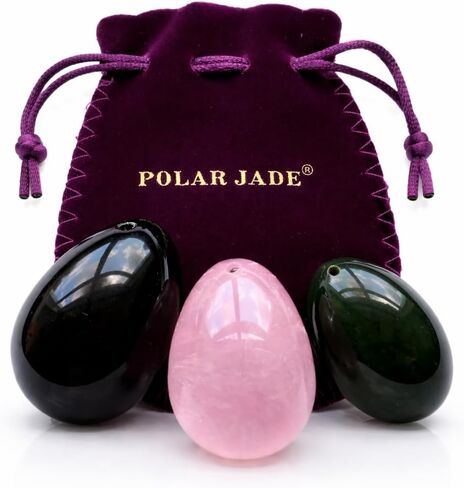 Yoni Eggs 3-pcs Set of 3 Gemstones, Drilled, with String & User Instructions, Made of Nephrite Jade, Rose Quartz and Black Obsidian, L/M/S 3 Sizes for Training Love Muscles as Kegel Exercisers in Kuwait