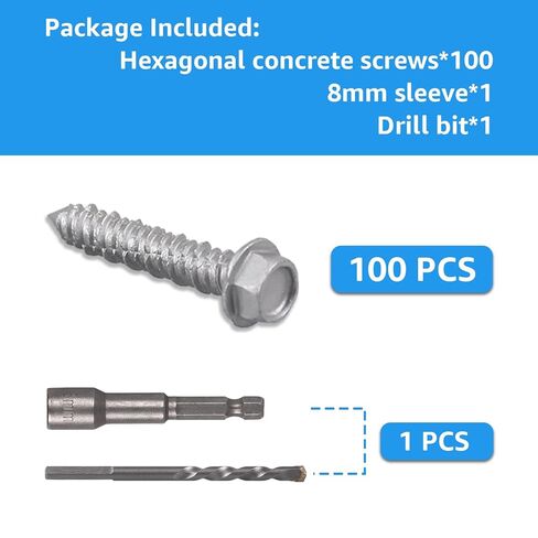 Concrete Screws 1/4" x 1-1/4" 100PCS 410 Stainless Steel Hex Concrete Screw with Drill Bit and Hex Bit Socket for Masonry Block Brick in Kuwait