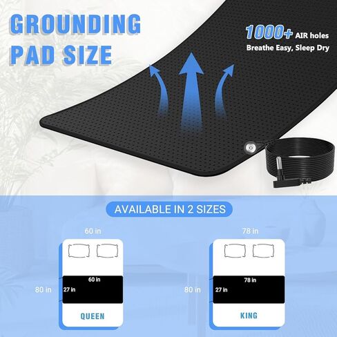 حصيرة التأريض للسرير وسادة التأريض مع سلك بطول 15 قدم من جلد البولي يوريثان موصل من ألياف الكربون لتحسين آلام النوم وتخفيف التوتر والقلق ومضادة للانزلاق وقابلة للتنفس مقاس كوين (60 * 27 بوصة) in Kuwait