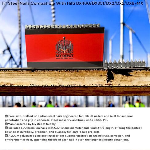 ⅝″ Steel/Concrete Nails Compatible With Hilti DX460/DX351/DX2/DX5/DX6-MX - 500 Count Flat Head Shoot-Drive Nails with Galvanized coat- Heavy-Duty Construction for Steel & Industrial Projects in Saudi Arabia