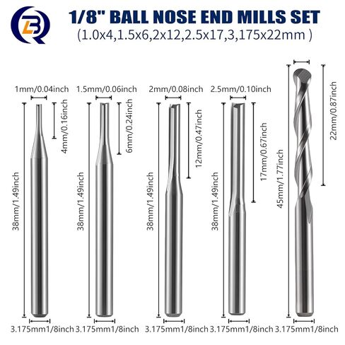 Ball Nose End Mills Set, 1/8" Shank Solid Carbide CNC Router Bits, 2 Flutes Spiral Upcut (1mm 1.5mm 2.0mm 2.5mm 3.175mm) for Engraving Milling Acrylic, Wood, Aluminum, PCB, 10Pcs in Kuwait