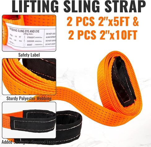 2PCS 2" x5FT & 2PCS 2" x10FT Heavy Duty Nylon Lifting Sling Strap, 18800lb Capacity Super Sturdy Flat Eye Rigging Strap for Hoist, Towing, Moving, Tree Saver Recovery, and Winch in Kuwait