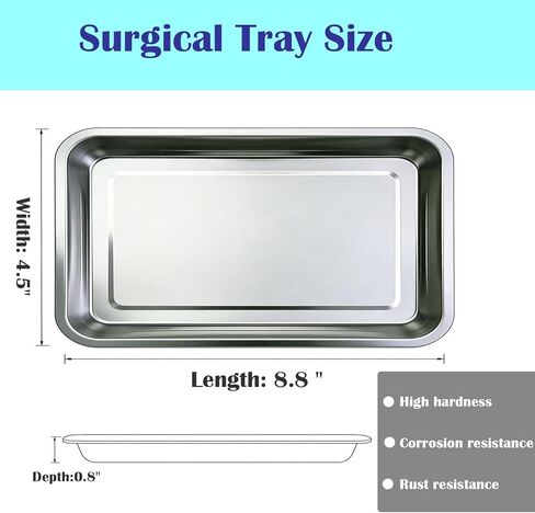 3 عبوات من صينية جراحية طبية احترافية من النوع المسطح من الفولاذ المقاوم للصدأ لطب الأسنان، صينية أدوات أدوات المختبر السميكة (8.8 بوصة * 4.5 بوصة * 0.8 بوصة / فضي) in Kuwait