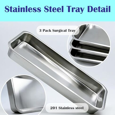 3 عبوات من صينية جراحية طبية احترافية من النوع المسطح من الفولاذ المقاوم للصدأ لطب الأسنان، صينية أدوات أدوات المختبر السميكة (8.8 بوصة * 4.5 بوصة * 0.8 بوصة / فضي) in Kuwait