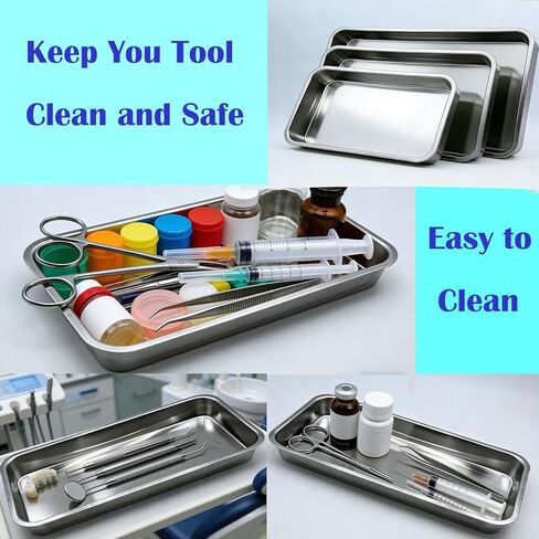 3 عبوات من صينية جراحية طبية احترافية من النوع المسطح من الفولاذ المقاوم للصدأ لطب الأسنان، صينية أدوات أدوات المختبر السميكة (8.8 بوصة * 4.5 بوصة * 0.8 بوصة / فضي) in Kuwait