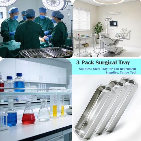 3 عبوات من صينية جراحية طبية احترافية من النوع المسطح من الفولاذ المقاوم للصدأ لطب الأسنان، صينية أدوات أدوات المختبر السميكة (8.8 بوصة * 4.5 بوصة * 0.8 بوصة / فضي) in Kuwait