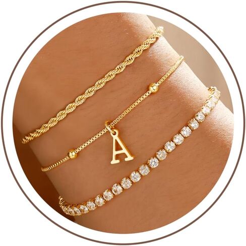 Gold Bracelets for Women Girls - Dainty Gold Bracelet Stack Jewelry Set Personalized Initial Bracelets Cute Adjustable Rope Box Chain Tennis Bracelets Gifts for Women Teen Girl Gifts in Kuwait