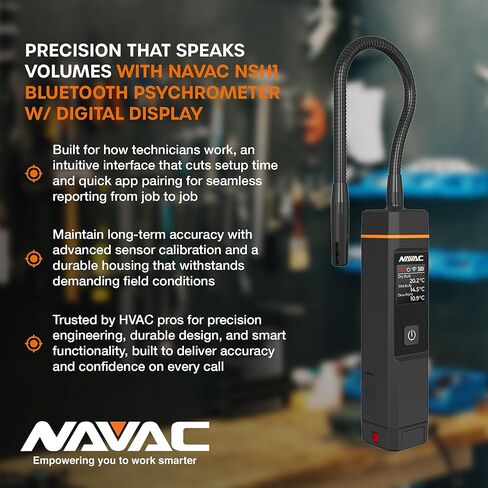 NAVAC NSH1 Bluetooth Psychrometer with Digital Display - HVAC Humidity & Temperature Diagnostics High Accuracy Sensor - One Button Operation, Easy Switch Knob, Rechargeable Battery - App Ready 7.8 oz in Kuwait