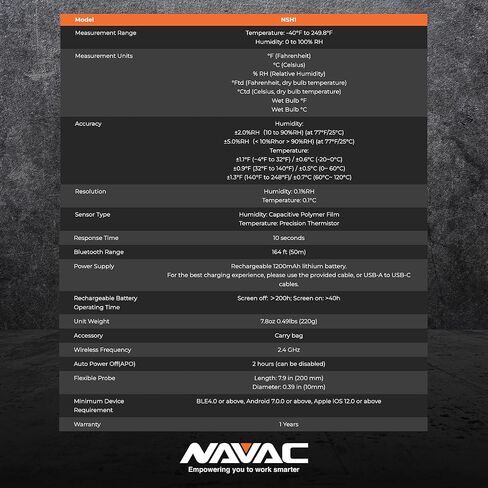 NAVAC NSH1 Bluetooth Psychrometer with Digital Display - HVAC Humidity & Temperature Diagnostics High Accuracy Sensor - One Button Operation, Easy Switch Knob, Rechargeable Battery - App Ready 7.8 oz in Kuwait
