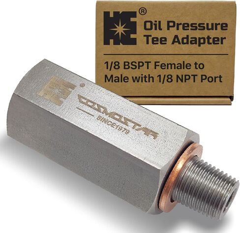 Cosmostar 1/8" BSPT Stainless Steel Oil Pressure Tee Adapter, 1/8 BSPT Female to Male with 1/8 NPT Port, 304 SS Heavy-Duty Fitting for Oil Pressure Gauge, Turbo Feed Line (OPTBS02N02) in Saudi Arabia