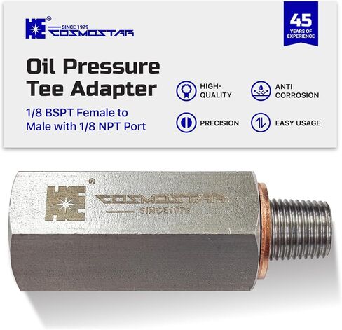 Cosmostar 1/8" BSPT Stainless Steel Oil Pressure Tee Adapter, 1/8 BSPT Female to Male with 1/8 NPT Port, 304 SS Heavy-Duty Fitting for Oil Pressure Gauge, Turbo Feed Line (OPTBS02N02) in Saudi Arabia