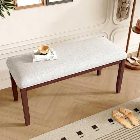 Light Gray Dining Bench with Cushion, Soft Seat & Cherry Wood Legs, Farmhouse Entryway Bench for Living Room, Bedroom, Kitchen in Saudi Arabia
