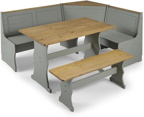 Pemberly Row Farmhouse Solid Pine Corner Dining Booth, Gray Wash and Antique Brown Finish, Space-Saving Dining Set with Bench Seating for 5, Decorative Routed Details, Ready to Assemble in Saudi Arabia