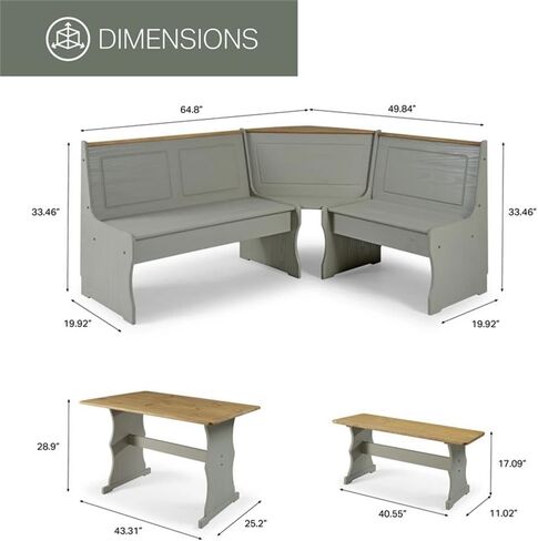 Pemberly Row Farmhouse Solid Pine Corner Dining Booth, Gray Wash and Antique Brown Finish, Space-Saving Dining Set with Bench Seating for 5, Decorative Routed Details, Ready to Assemble in Saudi Arabia