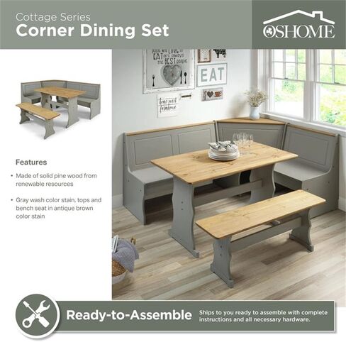 Pemberly Row Farmhouse Solid Pine Corner Dining Booth, Gray Wash and Antique Brown Finish, Space-Saving Dining Set with Bench Seating for 5, Decorative Routed Details, Ready to Assemble in Saudi Arabia