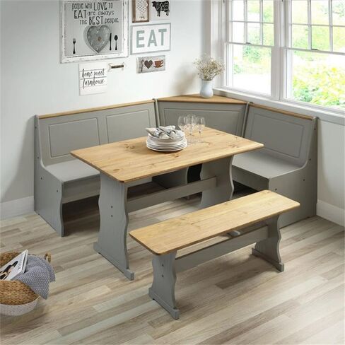Pemberly Row Farmhouse Solid Pine Corner Dining Booth, Gray Wash and Antique Brown Finish, Space-Saving Dining Set with Bench Seating for 5, Decorative Routed Details, Ready to Assemble in Saudi Arabia