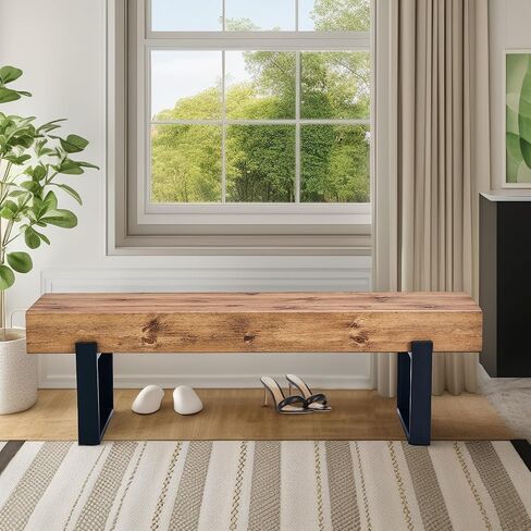 59 Inch Farmhosue Dining Bench, Rustic Wooden Indoor Kitchen Table Benches Seat, End of Bed Bench, Industrial Shoe Bench, Entryway Benches I Shape Dining Bench (Black+Dark Walnut) in Saudi Arabia