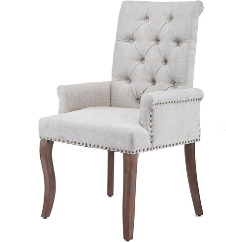Elegant Tufted Chenille Upholstered Fabric Accent Dining Chair with Arms & Nailhead Trim, Curved Solid Wood Legs, Farmhouse Dining Chairs for Dining, Kitchen & Living Room (Gray, Set of 1) in Saudi Arabia