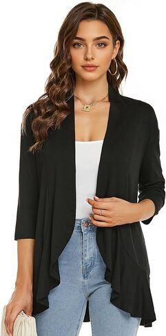 سترة صوفية نسائية من YnimioAOX خفيفة الوزن ومفتوحة من الأمام 3/4 كم ثنيات وكشكشة مقصوصة ومتماسكة ومقاس نحيف in Kuwait