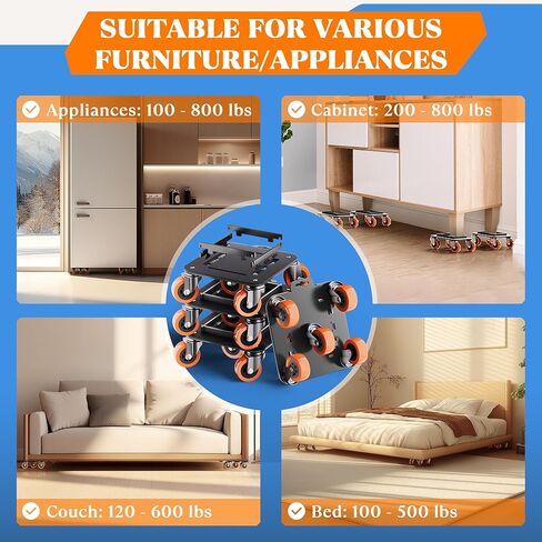 Furniture Movers with Wheels, Upgraded Guardrails for No Slips, Heavy Duty Furniture Dolly, Furniture Sliders with Wheels, Furniture Lifter Tool Included (Orange, 6.3" × 6.3" Pro) in Saudi Arabia