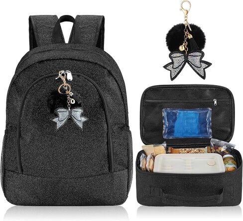 3 Pcs Large Cheer Backpack with Lunch Tote Bag & Bow Keychain Cheerleading Glitter Bag Cheerleader Sports Team Gifts(Black) in Saudi Arabia