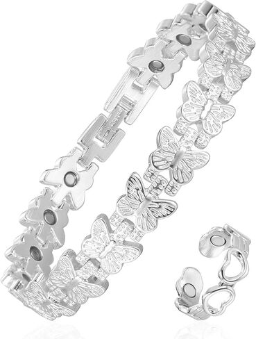 مجموعة سوار وخاتم نحاسي للنساء، سوار مغناطيسي من النحاس النقي بنسبة 99.99% مع تصميم فراشة وخاتم قلب قابل للتعديل - 3800 مغناطيس غاوس، يتضمن أداة تحديد الحجم وصندوق هدايا in Kuwait