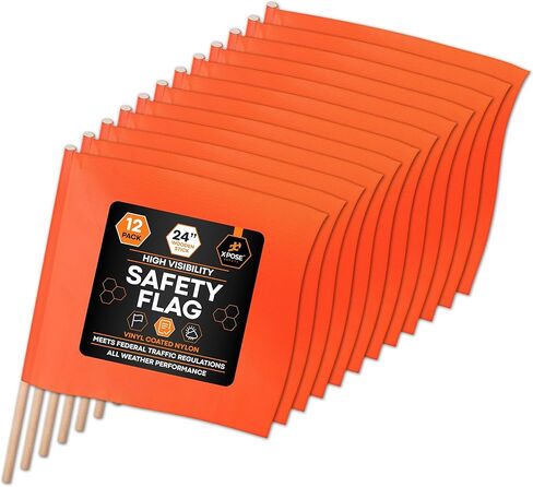 أعلام أمان برتقالية للسلامة من Xpose، أعلام تحذير مربعة مقاس 45.72 سم × 45.72 سم مع طاقم خشبي مقاس 60.96 سم، 12 عبوة للأحمال الواسعة، وسحب الشاحنات، وأعمال السقف والاستخدام الحذر in Kuwait