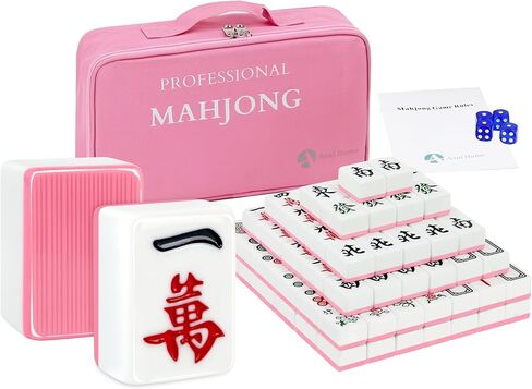 Mahjong Game Set, 144 40mm(1.57") Melamine Tiles with 4 Dices 40 Poker Chips and One Storage Bag, Complete Mahjong Tiles Set, Large, Majiang, 麻将, Pink in Kuwait