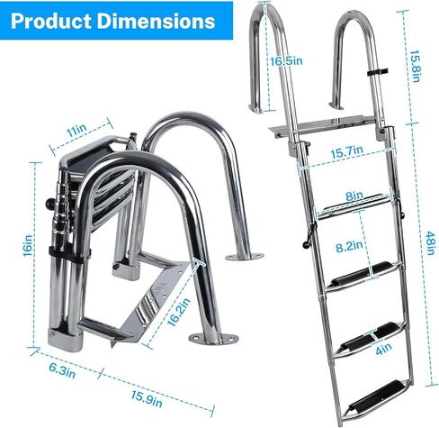 Pontoon Boat Ladder,Polished 316 Stainless Steel 4 Step Telescoping Ladder,600LBS Capacity for Sailboats,Ships,Most Swimming Pools,Docks,pontoons. in Kuwait