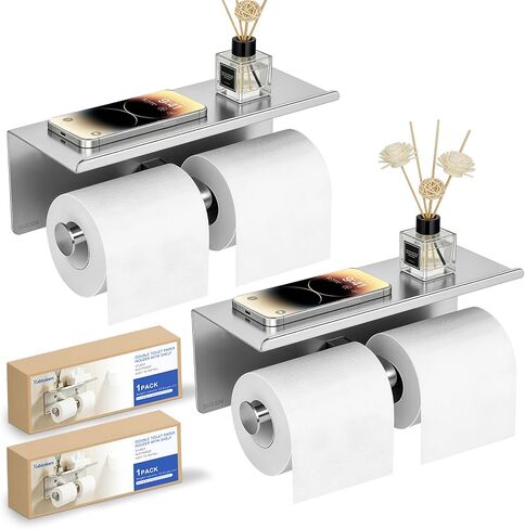 2 Pack Double Toilet Paper Holder with Shelf, Wall Mount Tissue Roll Holder, Heavy Duty 304 Stainless Steel Commercial Toilet Paper Dispenser with Phone Shelf for Home, Hotel, Office, Restaurant in Saudi Arabia