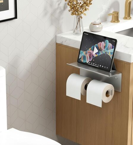 FORIOUS Double Toilet Paper Holder with Shelf, 304 Stainless Steel Wall Mount Commercial Toilet Paper Dispenser, Bathroom Tissue Roll Holder with Storage for Phone, Book, Essentials, Brushed Nickel in Kuwait