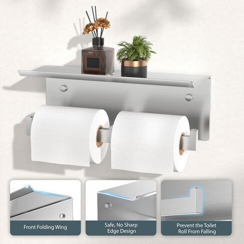 FORIOUS Double Toilet Paper Holder with Shelf, 304 Stainless Steel Wall Mount Commercial Toilet Paper Dispenser, Bathroom Tissue Roll Holder with Storage for Phone, Book, Essentials, Brushed Nickel in Kuwait