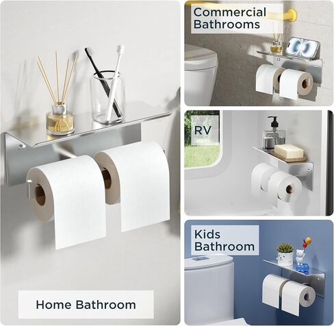 FORIOUS Double Toilet Paper Holder with Shelf, 304 Stainless Steel Wall Mount Commercial Toilet Paper Dispenser, Bathroom Tissue Roll Holder with Storage for Phone, Book, Essentials, Brushed Nickel in Kuwait