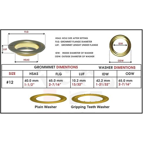 Micron Round #12 Brass Curtain Grommets and Teeth Washers, Heavy Duty, Reliable, Durable, Brass Plated 40 mm (1-1/2") (100 Pcs Set) in Kuwait