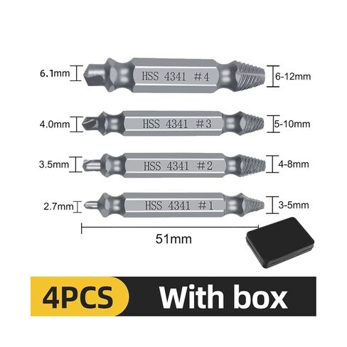 مجموعة واحدة من مجموعة مستخرج البراغي التالفة، مثقاب مركزي، أدوات النجارة، مزيل براغي مكسورة (فضي، 4 قطع مع صندوق) in Kuwait