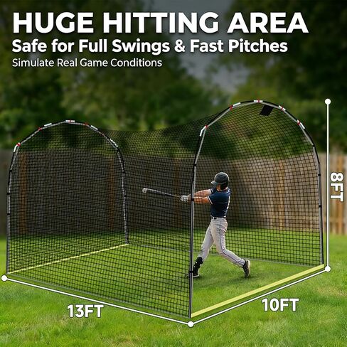 Baseball Batting Cage for Backyard: 13x10x8FT Heavy Duty Training Net with Fiberglass Poles & PE Netting - Portable Collapsible Hitting Tunnel for Home Park Use by Youth Players Coaches in Kuwait