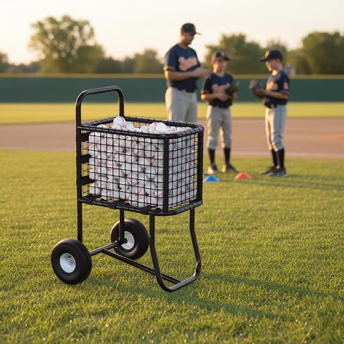 عربة بيسبول بعجلات، حامل كرات رياضية كبيرة، حامل كرة لينة، قفص الضرب يحمل ما يصل إلى 300 كرة بيسبول أو 150 كرة لينة، 17.71 بوصة عرض × 25.59 بوصة طول × 47.24 بوصة ارتفاع، (أسود) in Kuwait