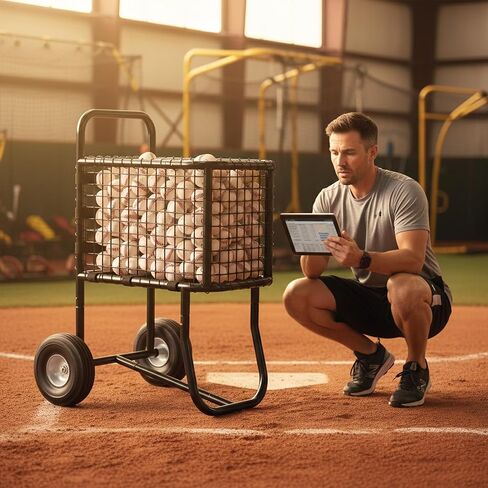 عربة بيسبول بعجلات، حامل كرات رياضية كبيرة، حامل كرة لينة، قفص الضرب يحمل ما يصل إلى 300 كرة بيسبول أو 150 كرة لينة، 17.71 بوصة عرض × 25.59 بوصة طول × 47.24 بوصة ارتفاع، (أسود) in Kuwait