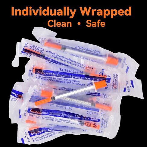 30 PACK U-100 Syringes 30G 5/16" (8mm) 1ml/cc, Disposable Syringe, Lab Supplies, Individual Wrapped in Kuwait