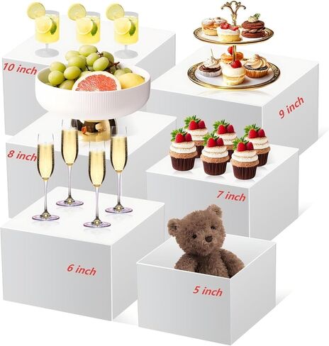 6 Pcs Buffet Risers（Size：5''-6''-7''-8''-9''-10'',Food Risers for Buffet Table，White Acrylic Cube Display Risers Shelf for Catering, Party, Jewelry & Collectibles in Saudi Arabia