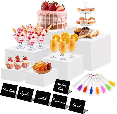 Draupnir 6 Pcs Food Risers for Display Party Included Mini Sign and Makers, 5 Sizes Hollow Acrylic Buffet Risers with Bottoms, White Catering Dessert Jewelry Collectibles Boxes(4",4",5",6",7",8") in Saudi Arabia