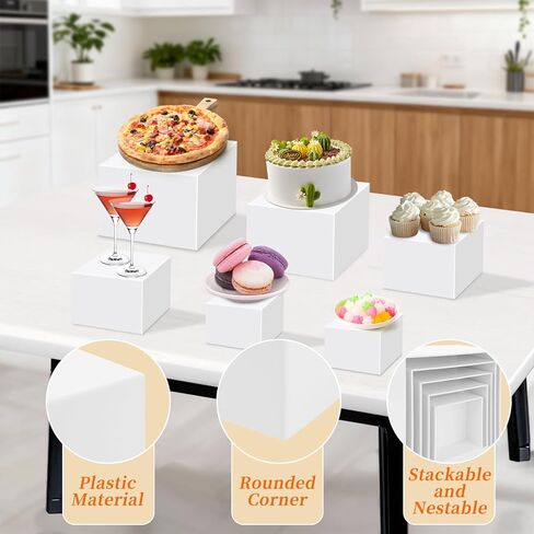 Draupnir 6 Pcs Food Risers for Display Party Included Mini Sign and Makers, 5 Sizes Hollow Acrylic Buffet Risers with Bottoms, White Catering Dessert Jewelry Collectibles Boxes(4",4",5",6",7",8") in Saudi Arabia