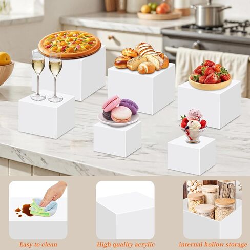 Draupnir 6 Pcs Food Risers for Display Party Included Mini Sign and Makers, 5 Sizes Hollow Acrylic Buffet Risers with Bottoms, White Catering Dessert Jewelry Collectibles Boxes(4",4",5",6",7",8") in Saudi Arabia