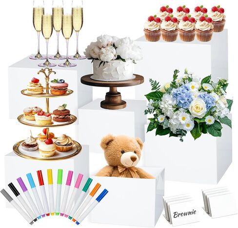 6 Pcs Buffet Risers with Markers and Signs, Risers for Display for Food, Jewelry Display, and Daily Organization, Acrylic Food Risers, Cube Boxes Nesting Riser (Sizes: 3",4",5",6",7",8" (White) in Saudi Arabia