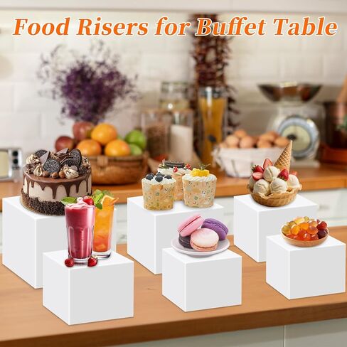 Draupnir 6 Pcs Food Risers for Display Party Included Mini Sign and Makers, 5 Sizes Hollow Acrylic Buffet Risers with Bottoms, White Catering Dessert Jewelry Collectibles Boxes(4",4",5",6",7",8") in Saudi Arabia