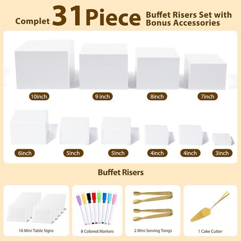 10 قطع من أدوات رفع البوفيه مع لافتة صغيرة وملقط تقديم الطعام، حامل عرض الطعام من الأكريليك الأبيض لطاولات البوفيه وحفلات تقديم الطعام وصناديق تعشيش الحلوى مع قاعدة مجوفة (10"، 9"، 8"، 7"، 6"، 5"، 5"، 4"، 4"، 3") in Kuwait