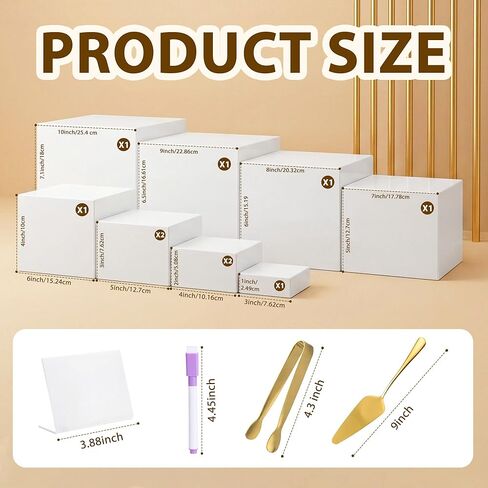 10 قطع من أدوات رفع البوفيه مع لافتة صغيرة وملقط تقديم الطعام، حامل عرض الطعام من الأكريليك الأبيض لطاولات البوفيه وحفلات تقديم الطعام وصناديق تعشيش الحلوى مع قاعدة مجوفة (10"، 9"، 8"، 7"، 6"، 5"، 5"، 4"، 4"، 3") in Kuwait