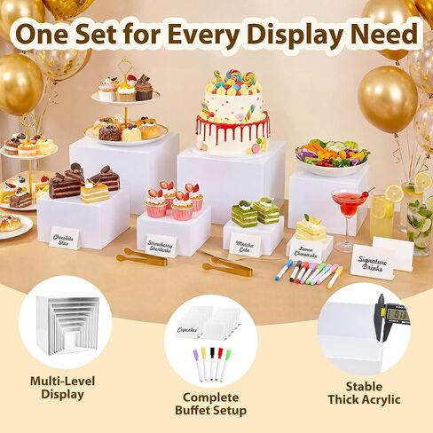 10 قطع من أدوات رفع البوفيه مع لافتة صغيرة وملقط تقديم الطعام، حامل عرض الطعام من الأكريليك الأبيض لطاولات البوفيه وحفلات تقديم الطعام وصناديق تعشيش الحلوى مع قاعدة مجوفة (10"، 9"، 8"، 7"، 6"، 5"، 5"، 4"، 4"، 3") in Kuwait